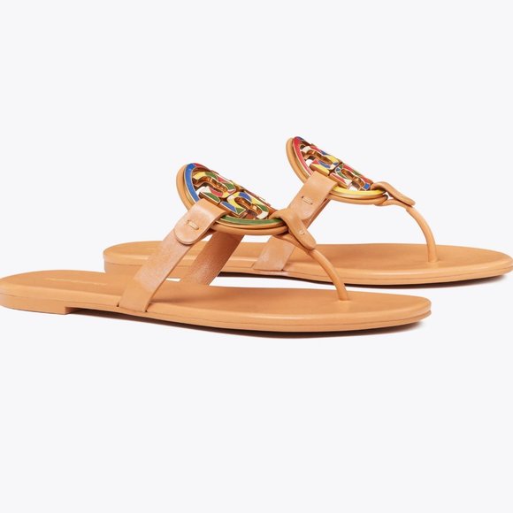 NIB Tory Burch Enamel Miller Soft Leather Sandals Natural...